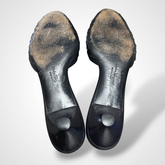 Salvatore Ferragamo Women Black Mule Sandals Sz 7.5 Peep Toe Kitten Heel Leather - Picture 8 of 10